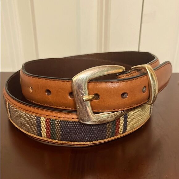 Brown Woven Tapestry Striped Fabric Leather Belt Brass Buckle Western Unisex 38 - Picture 1 of 9